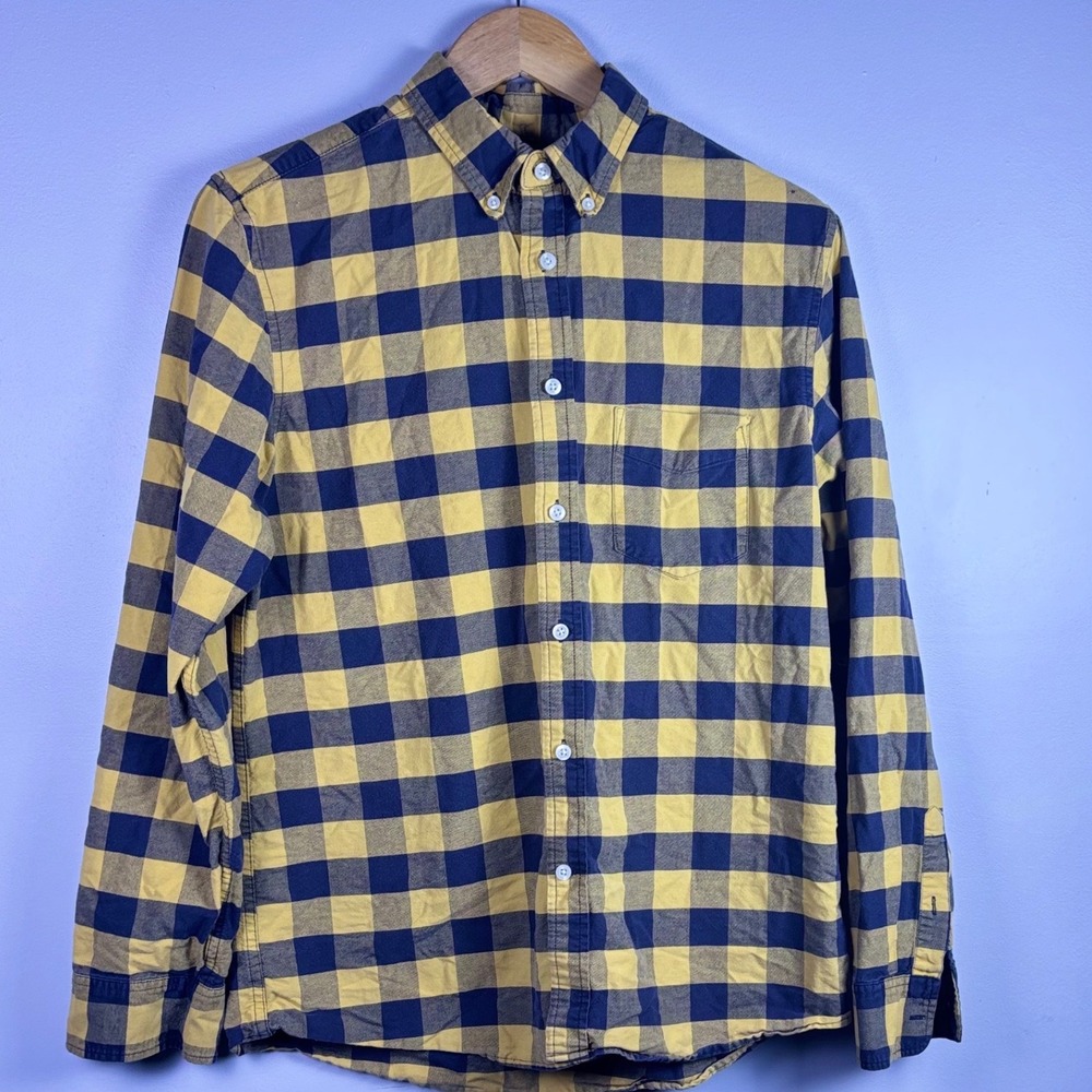 Men's M Yellow Navy Buffalo Plaid Work Shirt Roll Tab 100% Cotton stafford chore